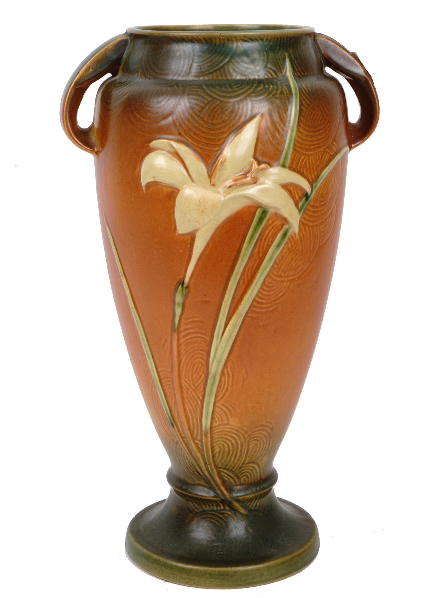 LARGE ROSEVILLE ZEPHYR LILIES BROWN POTTERY VASE PIC-2